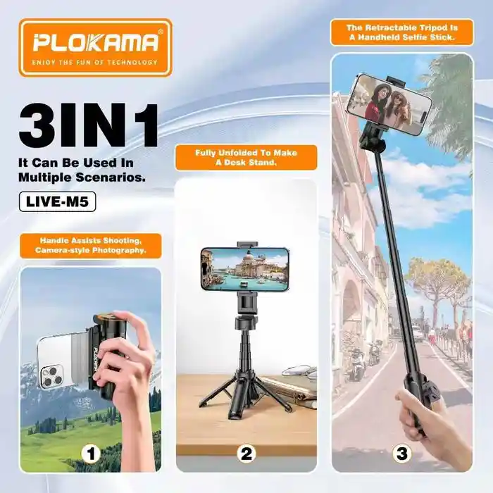 PLOKAMA live-M5 Extendable Grip Tripod Mini Selfie Stick Bluetooth Remote Control Tripod 3 In 1 Tongsis Tripod